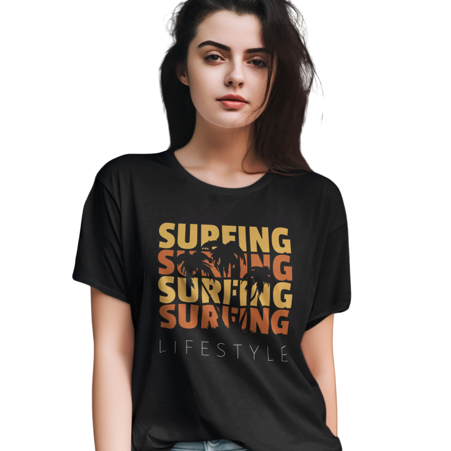 Surfing Adventure Style Women's Round Neck T-Shirt (Black)