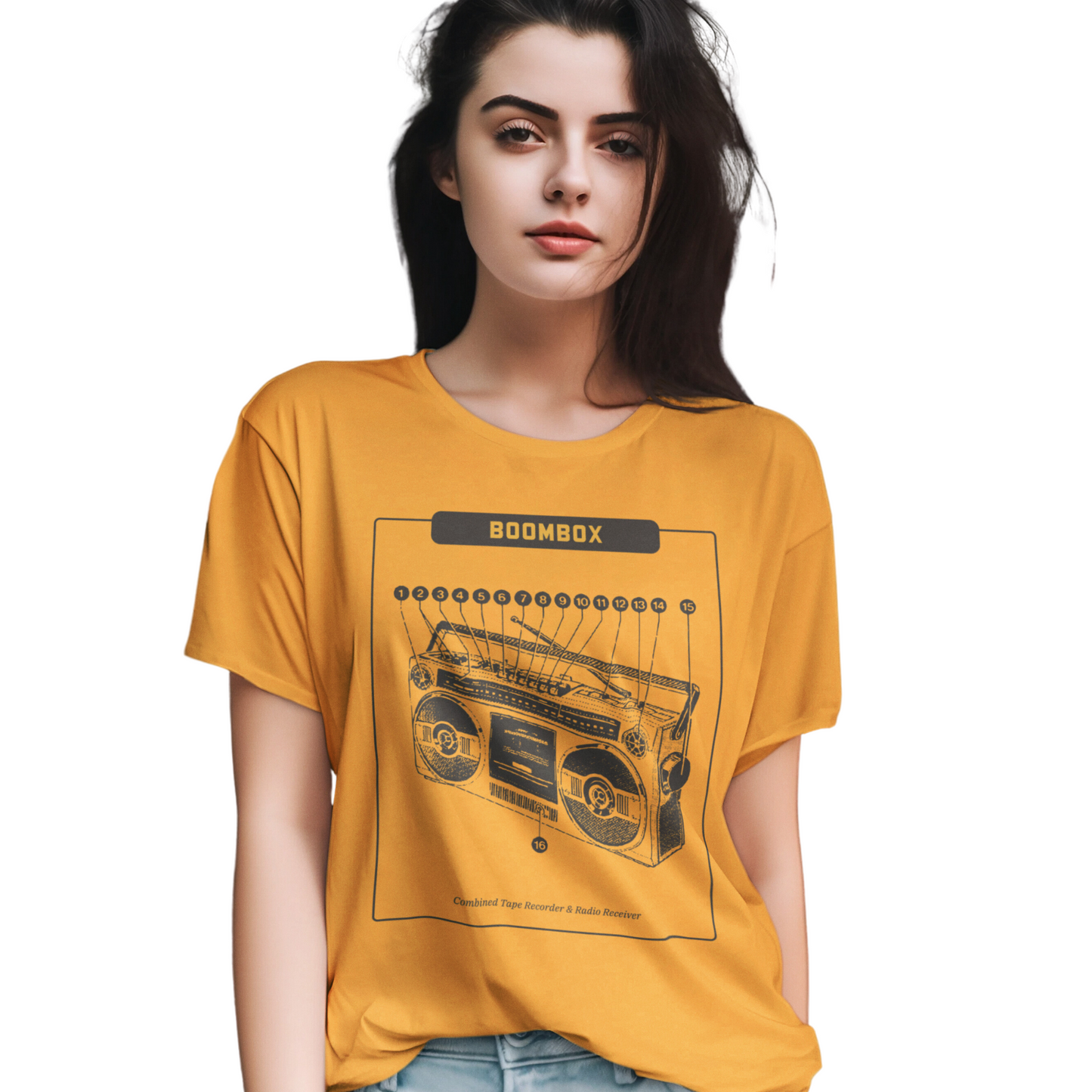 Jammy & Hobby's Retro Music Style Women's Round Neck T-Shirt (Mustard Yellow)