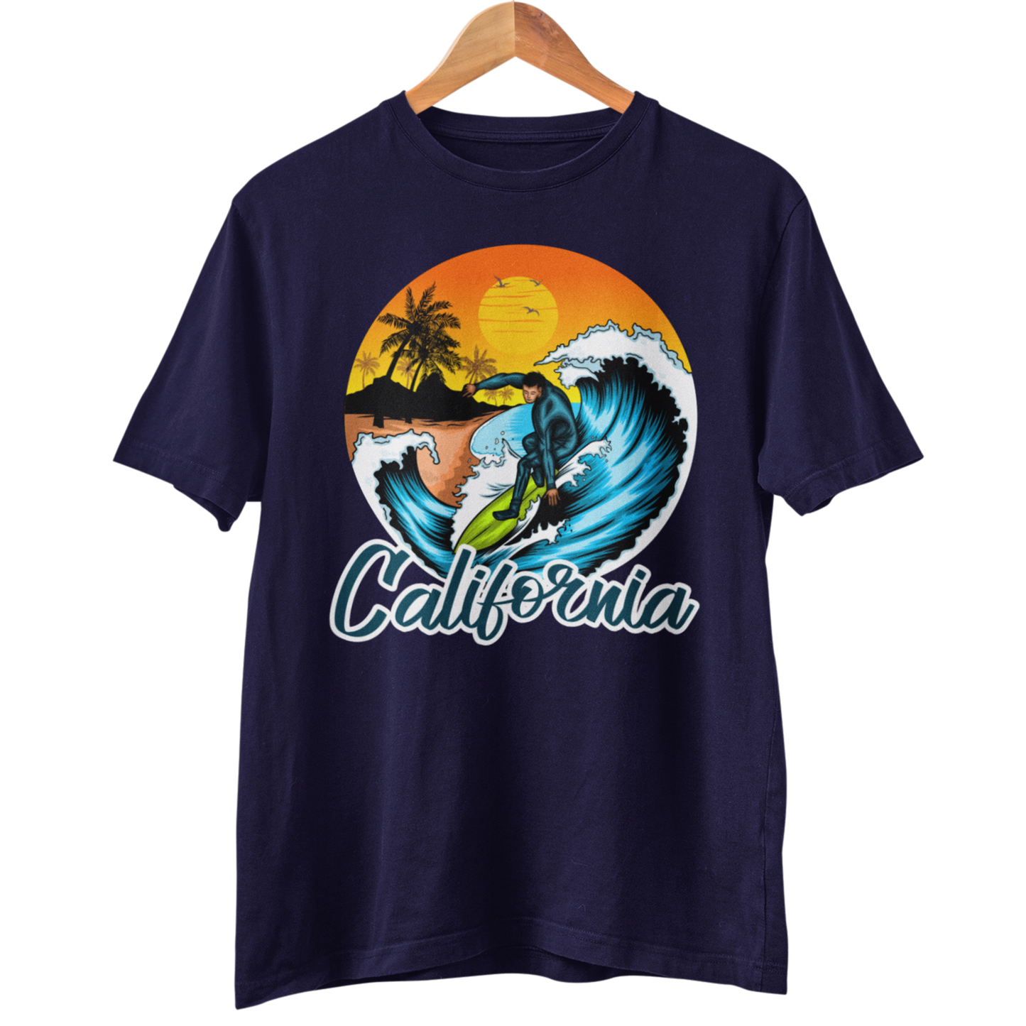 California Beach Men's Round Neck T-Shirt (Navy Blue)