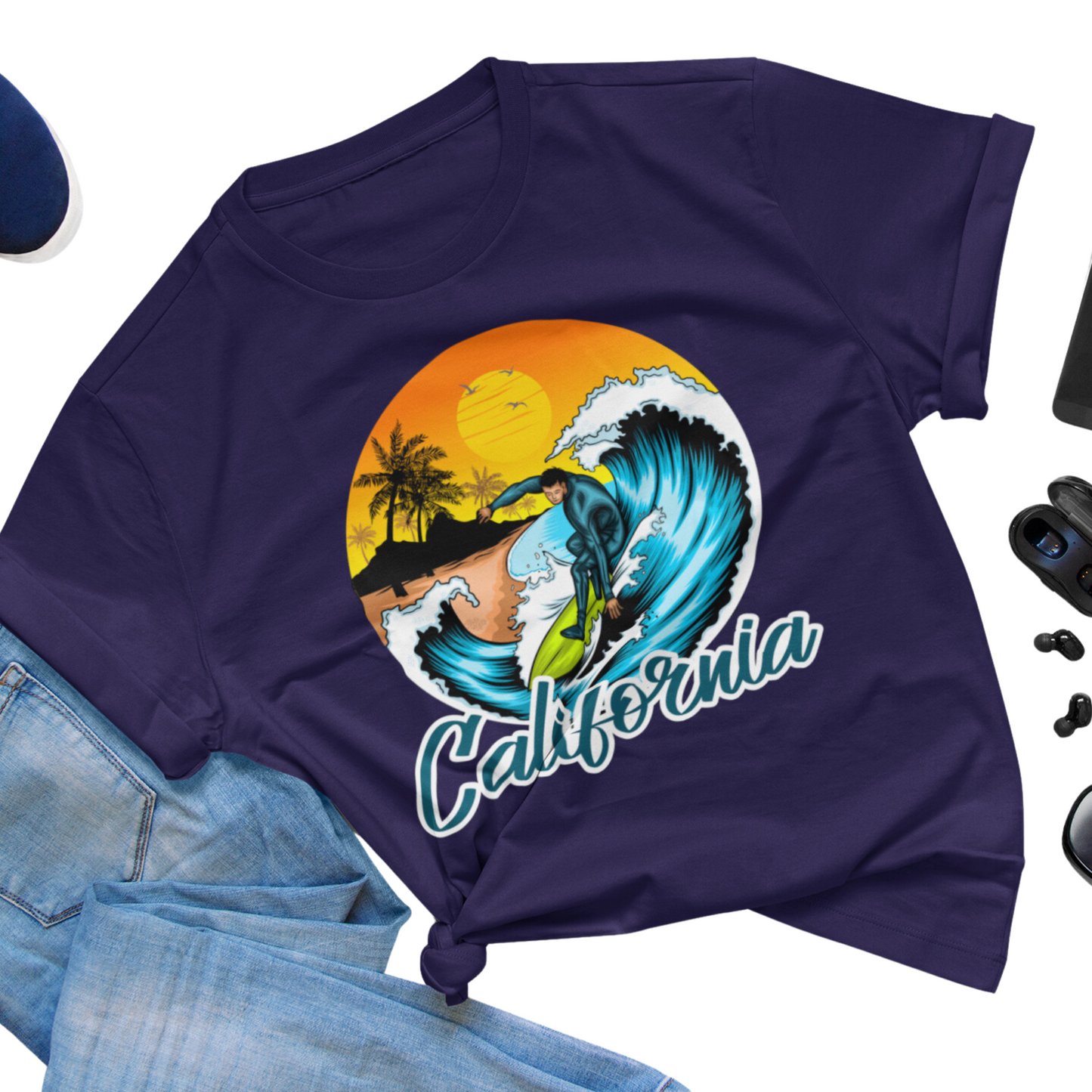 California Beach Men's Round Neck T-Shirt (Navy Blue)